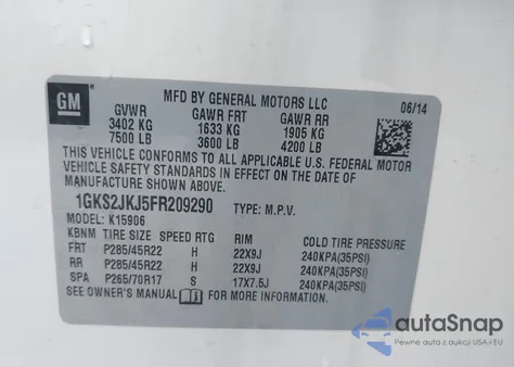 2015 GMC Yukon Xl 1500 Denali z USA, uszkodzony, nr VIN 1GKS2JKJ5FR209290